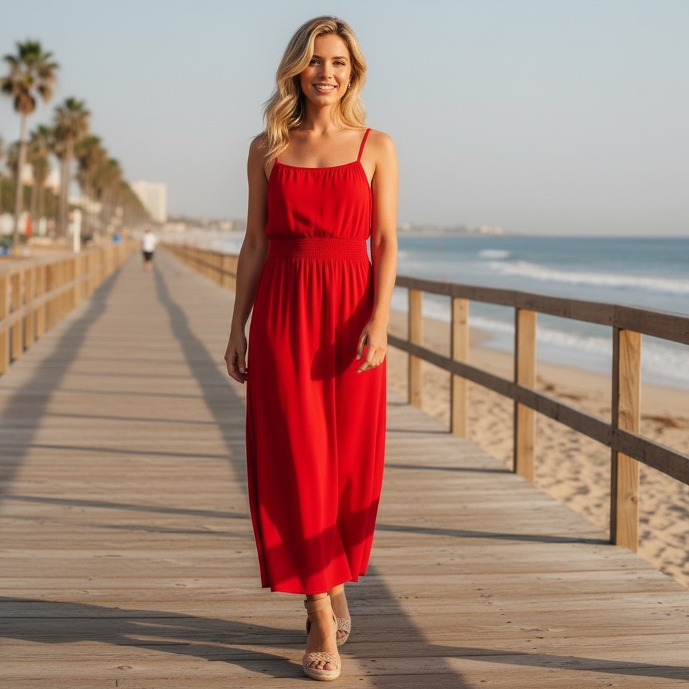 NWT Michael Kors Smocked Square Neck Maxi‎ Dress Red Sundress Vacation Resort